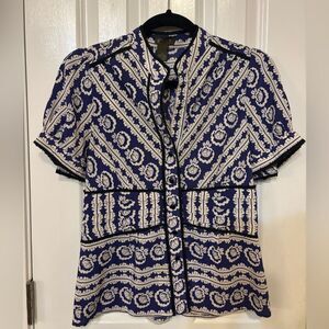Silk Boho Peplum Blouse Purple Cream Cinched Waist Anthropologie Style Fei Sz 4